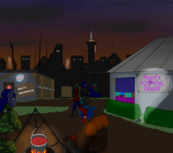 Size: 1280x1134 | Tagged: safe, artist:splint, anthro, bar, boiling, brothel, campfire, city, cityscape, dusk, lights, night, pot, scenery, skyline, spotlight, sunset