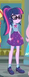 Size: 213x560 | Tagged: safe, screencap, fluttershy, sci-twi, sunset shimmer, twilight sparkle, equestria girls, g4, my little pony equestria girls: better together, super squad goals, clothes, cropped, female, geode of telekinesis, glasses, implied fluttershy, implied sunset shimmer, legs, offscreen character, ponytail, shoes, skirt, smiling, socks