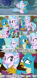 Size: 779x1641 | Tagged: safe, edit, edited screencap, screencap, cozy glow, gallus, ocellus, sandbar, silverstream, changedling, changeling, classical hippogriff, earth pony, griffon, hippogriff, pegasus, pony, a matter of principals, g4, school daze, the hearth's warming club, what lies beneath, blatant lies, engrish, female, filly, male, obvious, ship:gallstream, shipping