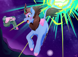 Size: 5000x3666 | Tagged: safe, artist:amaraburrger, kirin, action pose, d.va, explosion, gun, kirin-ified, open mouth, overwatch, ponified, solo, weapon, whisker markings