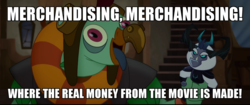 Size: 1920x804 | Tagged: safe, edit, edited screencap, screencap, squabble, storm king, parrot pirates, anthro, g4, my little pony: the movie, bobblehead, derp, image macro, male, meme, merchandising, money, pirate, prosthetic beak, solo, spaceballs the tag, tongue out, toy
