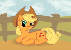 Size: 3508x2480 | Tagged: safe, artist:adhadh, applejack, earth pony, pony, g4, applejack's hat, corral, cowboy hat, female, hat, high res, looking at you, mare, sitting, solo
