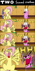 Size: 1000x2000 | Tagged: safe, artist:zouyugi, fluttershy, dog, pegasus, pony, g4, aaaaaaahhhhh, comic, courage (character), courage the cowardly dog, crossover, eyes closed, female, looking at each other, mare, scared, screaming
