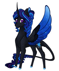 Size: 1275x1530 | Tagged: safe, artist:australian-senior, oc, oc only, oc:luminia invictus, pony, kirindos, alternate cutie mark, alternate universe, colored hooves, colored wings, curved horn, female, hair bun, horn, leonine tail, mare, simple background, solo, spread wings, starry wings, white background, wings