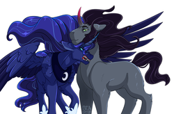 Size: 1280x841 | Tagged: safe, artist:seabreezy, artist:seabreezy-mlp, king sombra, princess luna, alicorn, pony, unicorn, g4, blank flank, curved horn, female, floppy ears, fluffy, glare, horn, leg fluff, lidded eyes, looking at you, male, mare, missing accessory, nightmare luna, open mouth, raised hoof, sharp teeth, ship:lumbra, shipping, shoulder fluff, simple background, smiling, snarling, spread wings, stallion, story in the source, straight, teeth, white background, wing fluff, wings