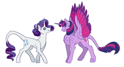 Size: 1280x690 | Tagged: safe, artist:seabreezy, artist:seabreezy-mlp, rarity, twilight sparkle, alicorn, pony, unicorn, g4, alternate hairstyle, colored wings, colored wingtips, cutie mark, duo, female, fluffy, leonine tail, looking at you, mare, simple background, smiling, spread wings, twilight sparkle (alicorn), white background, wings