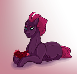 Size: 1280x1224 | Tagged: safe, artist:seabreezy, artist:seabreezy-mlp, tempest shadow, oc, oc:victory vale, pony, unicorn, g4, broken horn, duo, eye scar, female, floppy ears, foal, frown, gradient background, horn, mare, parent:tempest shadow, parent:unknown, prone, scar, story in the source