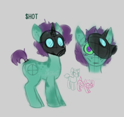 Size: 665x628 | Tagged: safe, artist:lilpinkghost, oc, oc only, pony, undead, unicorn, zombie, zombie pony, bust, character, digital art, gray background, green, green eyes, looking at you, male, mask, multiple eyes, original character do not steal, ponified, purple, radioactive, reference sheet, simple background, sketch, solo, tail wrap