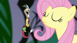 Size: 1280x720 | Tagged: safe, screencap, discord, fluttershy, draconequus, pegasus, pony, g4, princess twilight sparkle (episode), cute, discute, duo, eyes closed, female, floating, male, mare, micro, sad, tiny, tinycord