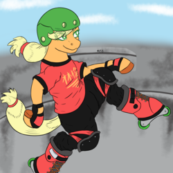 Size: 1024x1024 | Tagged: safe, artist:korencz11, applejack, earth pony, semi-anthro, g4, aggressive inline, clothes, female, helmet, japanese, knee pads, pads, roller skates, rollerblades, shirt, skates, skating, solo, t-shirt