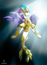 Size: 1220x1693 | Tagged: safe, artist:zidanemina, queen novo, mermaid, seapony (g4), g4, my little pony: the movie, armor, caballeros del zodiaco, colored, crepuscular rays, crown, digital art, eyeshadow, female, fin wings, fins, fish tail, flowing mane, flowing tail, golden armor, hoof shoes, jewelry, knights of the zodiac, makeup, ocean, poseidon, purple eyes, regalia, saint seiya, scale, signature, solo, sunlight, swimming, tail, underwater, water, wings