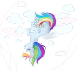 Size: 904x824 | Tagged: safe, artist:silvah-chan, rainbow dash, pony, g4, female, flying, partial color, solo, upside down