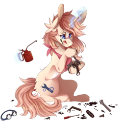 Size: 2874x2928 | Tagged: safe, artist:skimea, oc, oc only, oc:rusty gears (cinnamontee), pony, unicorn, dexterous hooves, female, goggles, grease, high res, machine, magic, mare, oilcan, simple background, solo, transparent background