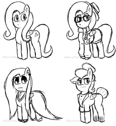 Size: 1022x1115 | Tagged: safe, artist:pagecartoons, fluttershy, pegasus, pony, fake it 'til you make it, g4, alternate hairstyle, clothes, female, fluttergoth, glasses, hat, hipstershy, mare, monochrome, severeshy, shirt, shorts, signature, simple background, sketch