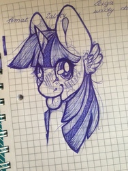 Size: 3264x2448 | Tagged: safe, artist:kadchan, twilight sparkle, pony, unicorn, g4, bust, cute, doodle, ear fluff, female, graph paper, high res, looking at you, mare, mlem, silly, solo, tongue out, traditional art