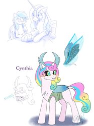 Size: 1280x1707 | Tagged: safe, artist:fallenangel5414, oc, oc only, oc:princess cynthia, changedling, changeling, changepony, hybrid, bio in description, changedling oc, changeling oc, dialogue, female, filly, interspecies offspring, mare, offspring, parent:princess flurry heart, parent:thorax, parents:flurrax, signature, simple background, solo, white background
