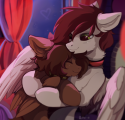 Size: 1968x1888 | Tagged: safe, artist:ritter, oc, oc only, oc:ritter, pegasus, pony, collar, cuddling, curtains, cute, eyes closed, hug, night, wings