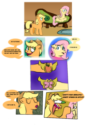 Size: 862x1290 | Tagged: safe, artist:sneshpone, applejack, fluttershy, earth pony, pegasus, pony, g4, carpet, comic, couch, duo, element of honesty, element of kindness, eyes closed, faic, female, hat, mare, open mouth, simple background, smiling, transparent background