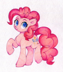 Size: 1120x1280 | Tagged: safe, artist:lispp, pinkie pie, earth pony, pony, g4, colored pupils, cute, diapinkes, ear fluff, female, leg fluff, mare, simple background, solo, traditional art