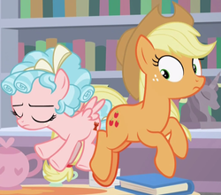 Size: 1039x913 | Tagged: safe, screencap, applejack, cozy glow, ocellus, pegasus, pony, g4, what lies beneath, book, bookshelf, butt bump, cropped, disguise, disguised changeling, eyes closed, fake applejack, female, filly, foal
