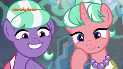 Size: 718x404 | Tagged: safe, screencap, stepford ponies, pony, unicorn, g4, what lies beneath, animated, duo, faic, female, gif, grin, mare, smiling