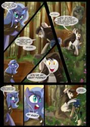 Size: 1240x1754 | Tagged: safe, artist:lunarcakez, princess luna, oc, oc:mazzy, earth pony, pony, comic:the origins of hollow shades, g4, bow, comic, derp, female, hair bow, ink, mare, quill, s1 luna