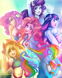 Size: 2400x3000 | Tagged: safe, artist:lalakachu, applejack, fluttershy, pinkie pie, rainbow dash, rarity, twilight sparkle, alicorn, equestria girls, g4, arm behind head, clothes, cowboy hat, female, food, group, group shot, hat, high res, humane five, humane six, ice cream, looking at you, ponied up, signature, tank top, twilight sparkle (alicorn), wings