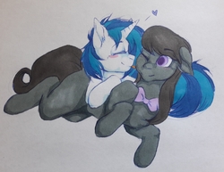 Size: 3492x2699 | Tagged: safe, artist:melpone, dj pon-3, octavia melody, vinyl scratch, pony, g4, eyes closed, female, floppy ears, heart, high res, lesbian, licking, mare, one eye closed, prone, ship:scratchtavia, shipping, tongue out, traditional art