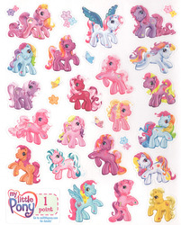 Size: 1280x1592 | Tagged: safe, bumbleberry, butterscotch (g3), cherry blossom (g3), cupcake (g3), fluttershy, fluttershy (g3), petal blossom (g3), pinkie pie, pinkie pie (g3), rainbow dash (g3), rainbow flash, skywishes, sparkleworks, star catcher, sunny daze (g3), sweet breeze, thistle whistle, twinkle twirl, wysteria, butterfly, earth pony, pegasus, pony, g3, official, female, mare, scan, simple background, sticker, white background