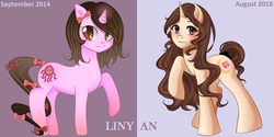 Size: 1500x750 | Tagged: safe, artist:liny-an, derpibooru exclusive, oc, oc only, oc:liny an, pony, unicorn, bow, comparison, female, ponysona, smiling