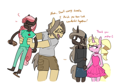 Size: 1086x719 | Tagged: safe, artist:redxbacon, oc, oc only, oc:eureka, oc:parch well, oc:parte, oc:wood chip, anthro, anthro oc, father and daughter, female, flip-flops, homophobia, husband and wife, lesbian, lesbian in front of boys, male, mother and daughter