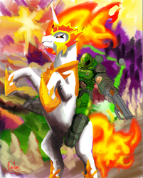Size: 941x1168 | Tagged: safe, artist:failure, daybreaker, alicorn, human, g4, abstract background, armor, black sclera, colored, doom, doom guy, doombreaker, doomlestia, female, gun, helmet, humans riding ponies, male, mane of fire, mare, rearing, riding, shotgun, signature, this will end in awesome, weapon