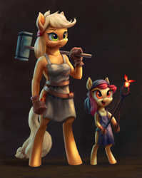 Size: 1276x1600 | Tagged: safe, artist:jotun22, apple bloom, applejack, earth pony, anthro, unguligrade anthro, g4, apron, blacksmith, brown background, clothes, duo, female, filly, gloves, hammer, mare, siblings, simple background, sisters, tongs