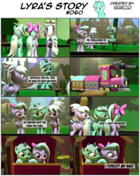 Size: 3929x4924 | Tagged: safe, artist:goatcanon, cloudchaser, flitter, lyra heartstrings, pegasus, pony, unicorn, comic:lyra's story, g4, 3d, bow, comic, dialogue, female, friendship express, grass, hair bow, mare, open mouth, sky, source filmmaker, train, tree