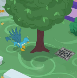 Size: 446x450 | Tagged: safe, screencap, gallus, griffon, g4, what lies beneath, animated, cropped, galluree, gif, male, paws, solo, tree, wings