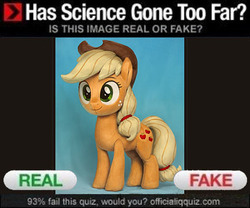 Size: 432x360 | Tagged: safe, artist:assasinmonkey, applejack, earth pony, pony, g4, female, has science gone too far?, mare, meme, misleading thumbnail, not a plush, photorealistic, plushie, real or fake, solo