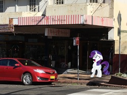 Size: 1185x888 | Tagged: safe, edit, rarity, pony, unicorn, g4, australia, car, female, irl, katoomba, mare, photo, ponies in real life, shop