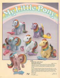 Size: 597x778 | Tagged: safe, moonstone, parasol (g1), skydancer, starshine, sunlight (g1), windy (g1), g1, official, rainbow ponies, scan