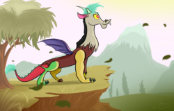 Size: 4292x2740 | Tagged: safe, artist:oinktweetstudios, discord, draconequus, g4, cute, discute, green mane, heaven's light, male, mountain, solo, tree, younger
