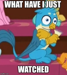 Size: 411x457 | Tagged: safe, screencap, gallus, smolder, griffon, g4, what lies beneath, image macro, meme, paper, paws, reaction image, scarred for life, shocked, tail, terrified, traumatized, wings