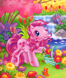 Size: 626x742 | Tagged: safe, artist:lyn fletcher, tulip twinkle, earth pony, pony, g3, official, basket, blushing, female, flower, mare, scan, solo, starry eyes, waterfall, wingding eyes
