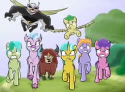 Size: 3192x2352 | Tagged: safe, artist:oinktweetstudios, auburn vision, berry blend, berry bliss, citrine spark, fire quacker, huckleberry, sandbar, silverstream, yona, bugbear, classical hippogriff, earth pony, hippogriff, pegasus, pony, unicorn, yak, a matter of principals, g4, season 8, bow, cloven hooves, female, flying, friendship student, hair bow, high res, jewelry, male, monkey swings, necklace, open mouth, running, scared, signature, sky, smiling, tree