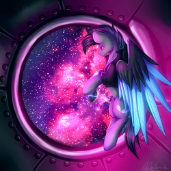 Size: 2000x2000 | Tagged: safe, artist:cornelia_nelson, oc, oc only, oc:keyphrase, cyborg, pegasus, pony, amputee, augmented, capsule, clothes, cutie mark, cyberpunk, female, galaxy, high res, jacket, multicolored mane, multicolored tail, neon, prosthetic limb, prosthetic wing, prosthetics, solo, space, stars, window, wings, ych result, zero gravity