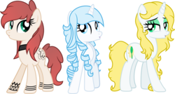 Size: 4000x2139 | Tagged: safe, artist:fuzzybrushy, oc, oc only, oc:fuzzy brushy, oc:poker, oc:snarly flakes, earth pony, pony, unicorn, blonde mane, blue eyes, curly mane, duckface, female, green eyes, inkscape, mare, show accurate, simple background, solo, transparent background, vector