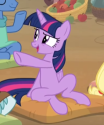 Size: 365x438 | Tagged: safe, screencap, twilight sparkle, alicorn, pony, a rockhoof and a hard place, g4, season 8, anatomically incorrect, cropped, female, incorrect leg anatomy, mare, open mouth, pillow, pointing, sitting, twilight sparkle (alicorn)