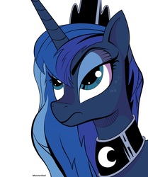 Size: 2143x2561 | Tagged: safe, artist:monsterglad, princess luna, alicorn, pony, g4, andy price style, cute, disgruntled, female, high res, i can't believe it's not idw, luna is not amused, mare, raised eyebrow, signature, simple background, style emulation, unamused, white background