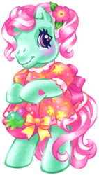 Size: 376x660 | Tagged: safe, artist:lyn fletcher, edit, minty, earth pony, pony, g3, official, bipedal, blushing, bow, clothes, dress, female, flower, flower in hair, heart, hoof heart, mare, orange dress, scan, simple background, solo, tail bow, transparent background, white outline, you know i had to do it to em