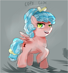 Size: 909x962 | Tagged: safe, artist:edline02, cozy glow, pegasus, pony, g4, cozy glow is best facemaker, crazy glow, evil, female, filly, foal, freckles, green eyes, implied changeling, looking at you, open mouth, pure concentrated unfiltered evil of the utmost potency, raised hoof, slit pupils, solo, spread wings, standing, wings