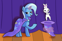Size: 1024x677 | Tagged: safe, artist:tech--pony, angel bunny, trixie, pony, unicorn, g4, bunny out of the hat, clothes, hat, lidded eyes, magic trick, smiling, stage, trixie's hat