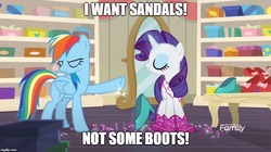 Size: 888x499 | Tagged: safe, edit, edited screencap, screencap, rainbow dash, rarity, g4, the end in friend, i want some x not y, image macro, meme, sandals